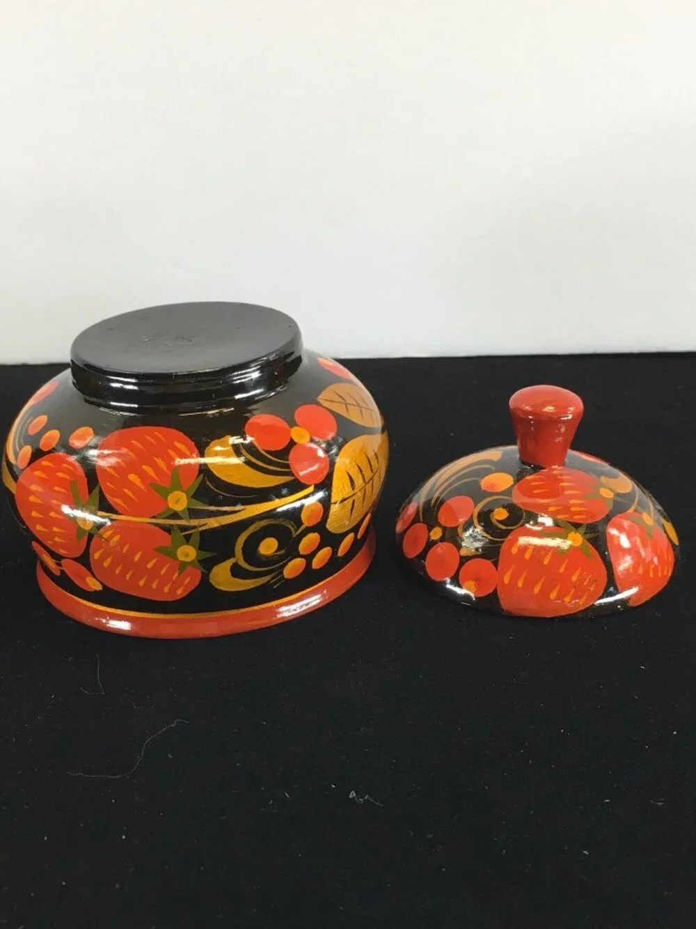 Vintage Russian Khokhloma Lacquered Wood Jar with Lid Painted Red Black